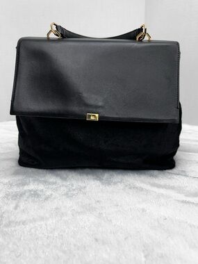 Louise et Cie Black Leather Satchel Suede Trim Top Handle Gold Hardware